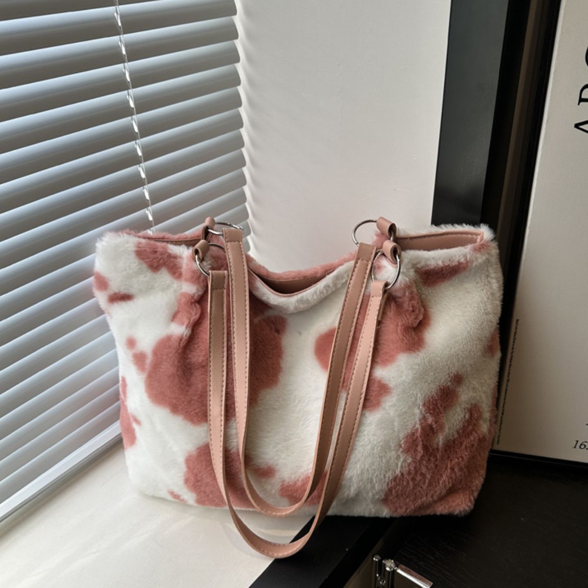 Furry Tote Handbag Large Cow Print Women Zipper Shoulder Bags Dusty Pink One Size d9832129-2fd5-4b69-8407-ff49b9b4b41b-Max Trendsi