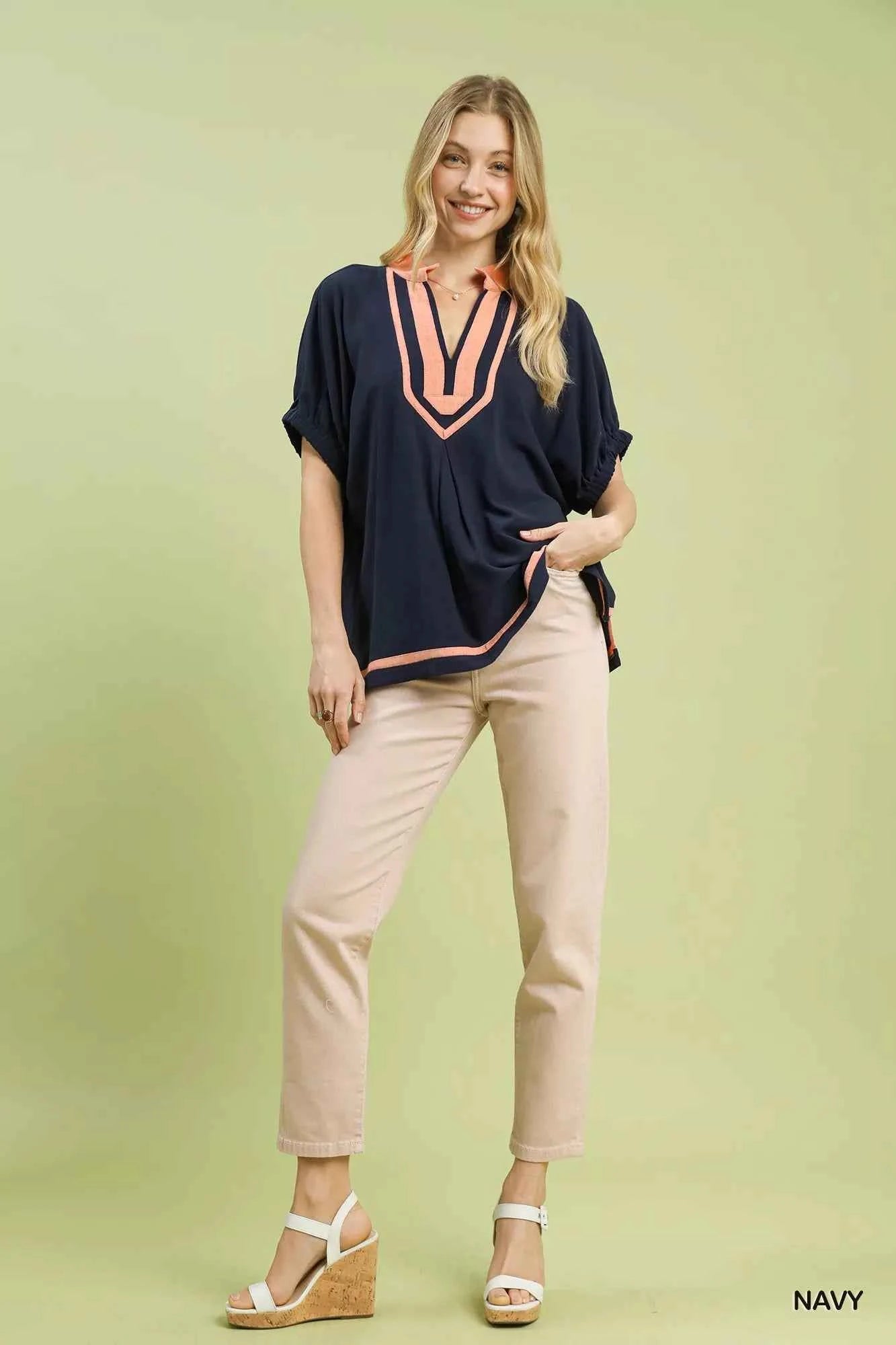 Umgee Blouse Linen Navy Blue Contrast Trim V-Neck Short Sleeve Top d98c1a42-8e41-4498-832d-e683dfebb7e9-Max-Origin Trendsi