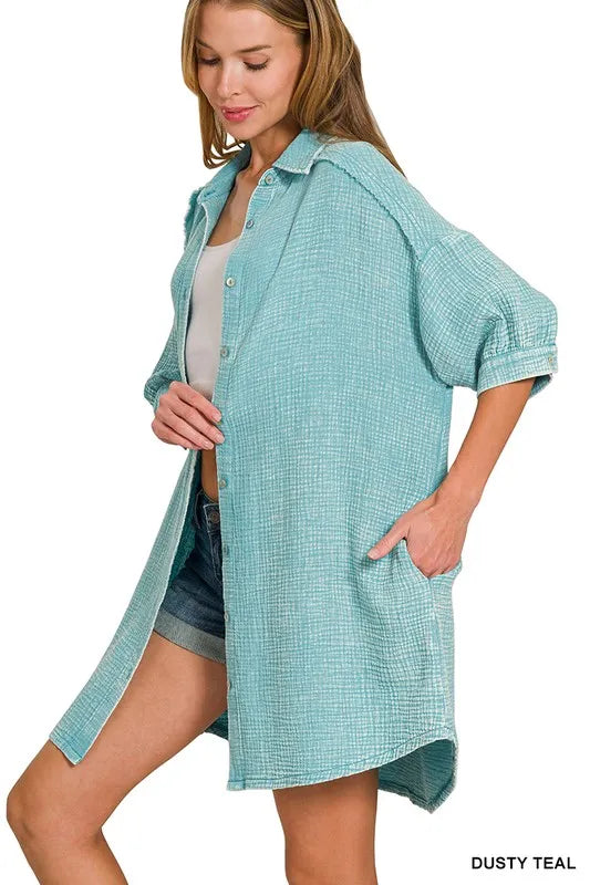 Zenana Shirt Dress Dusty Teal Cotton Washed Double Gauze Oversized Pocketed d9968e42b7ec4b28beac2e8087a1a09c-Max-Origin Trendsi