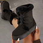 Women's Boots Faux Suede Fluff Lined Lace Up Round Toe Platform Mid Heels d997d87247a1442eb30287e2d8cb8179-Max-Origin Trendsi