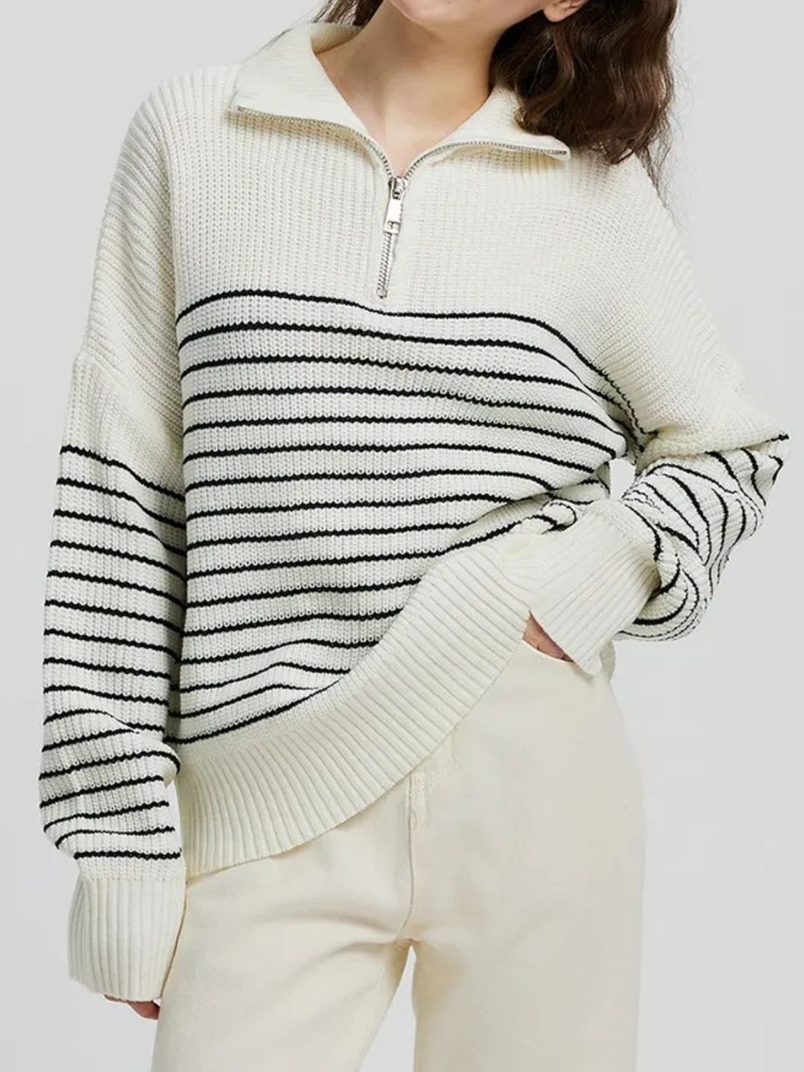 Women Striped Sweater Half Zip High Neck Long Sleeve Soft Knit Pullover