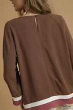 Umgee Women's Blouse Linen Blend Mocha Scalloped Hem Color Block Top d9c0481d-b3b0-41f8-ac0f-544566920abe-Max-Origin Trendsi