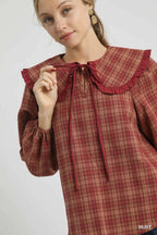Umgee Women's Blouse Rusty Plaid Ruffle Collar Long Sleeve Top d9c5c7da-28fd-4f5d-9717-074026b4ec64-Max-Origin Trendsi