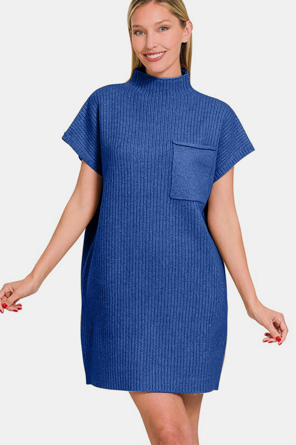 Zenana Sweater Mini Dress Short Sleeve Navy Blue Knit Front Pocketed d9cb624c-615a-4243-aee1-cda43bf9514f-Max Trendsi