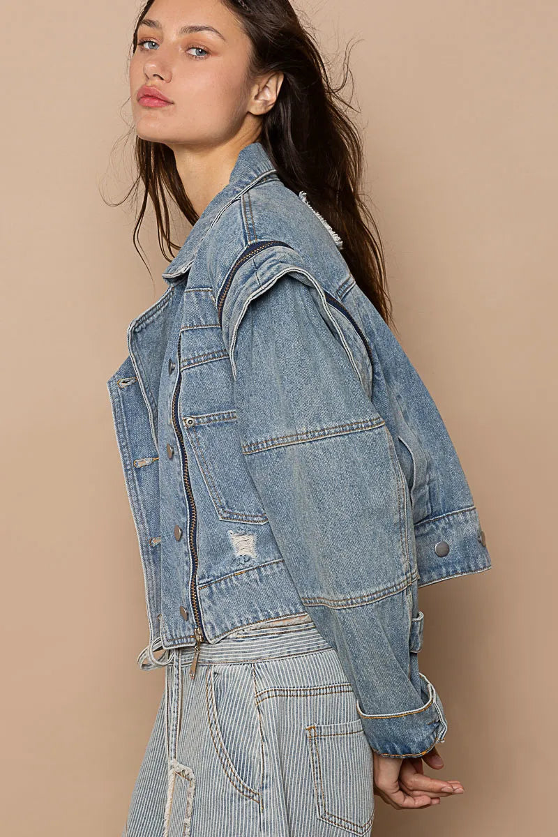 POL Cropped Denim Jacket with Functional Zipper Detail Long Sleeves d9cbf2eb-1614-4dc8-a530-8815db8a097f-Max-Origin Trendsi