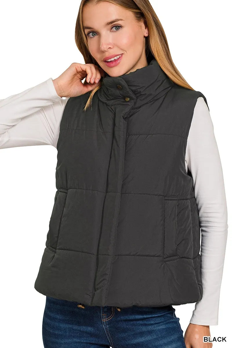 Zenana Womens Vest Coat Black Quilted High Neck Zip-Up Outwear d9d242d6b0e24bafa65abc111dd26d74-Max-Origin Trendsi