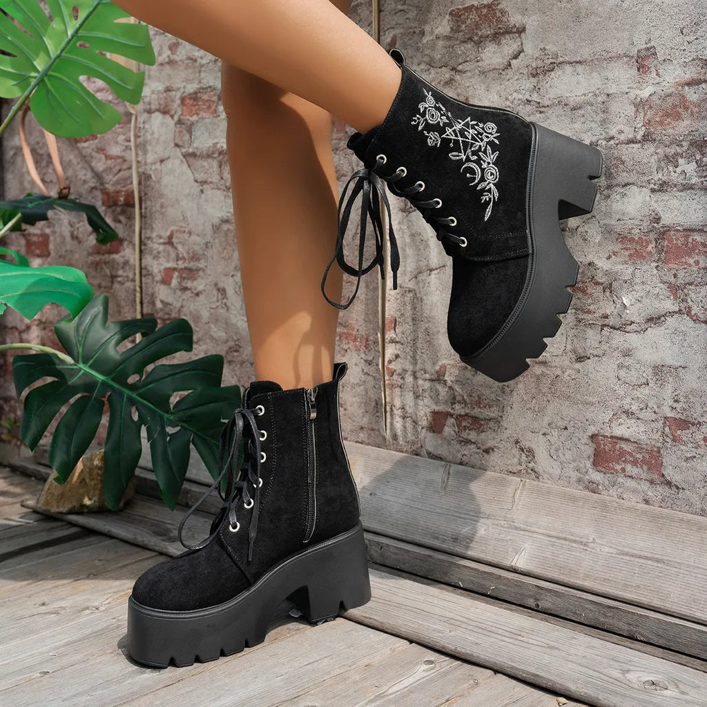 Women's Boots Platform Combat Floral Embroidered Suede Mid Heels Shoes Black d9ddc95b06a744c9a75adc486cb0499a-Max-Origin Trendsi