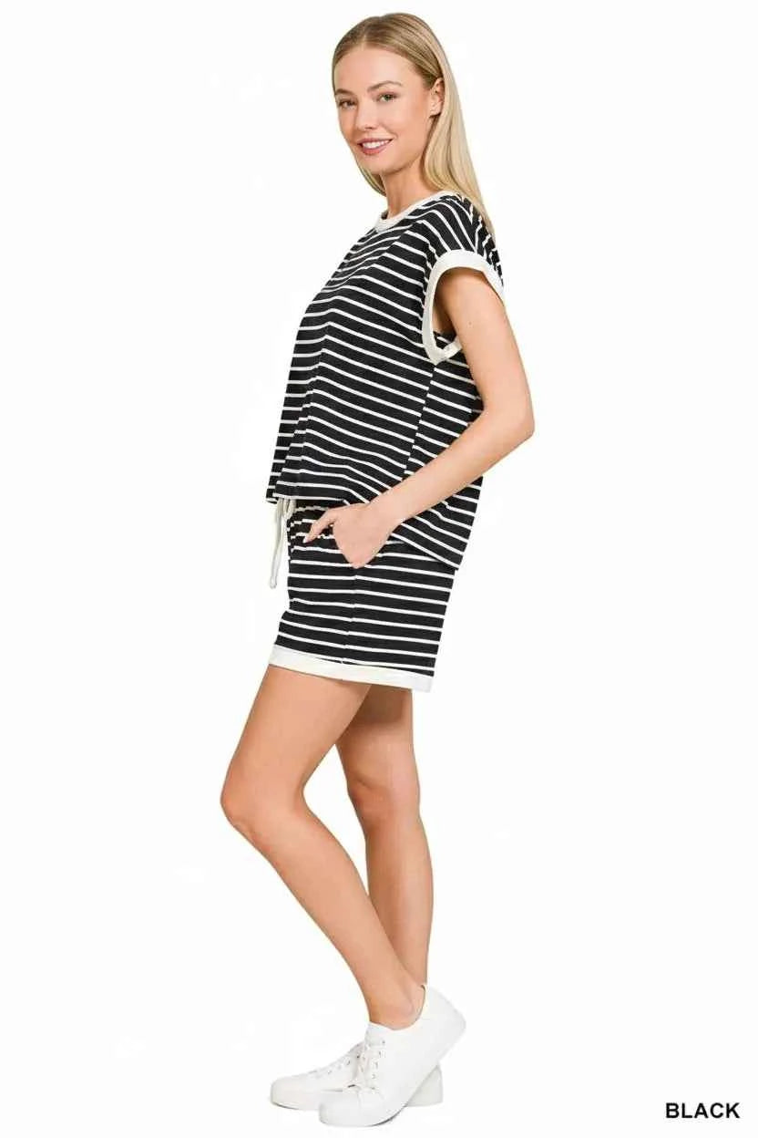 Zenana Outfit Set Stripe Black Contrast Trim Short Sleeve Top & Shorts d9de7b42-d41d-4293-8b4e-7cc58206f723-Max-Origin Trendsi