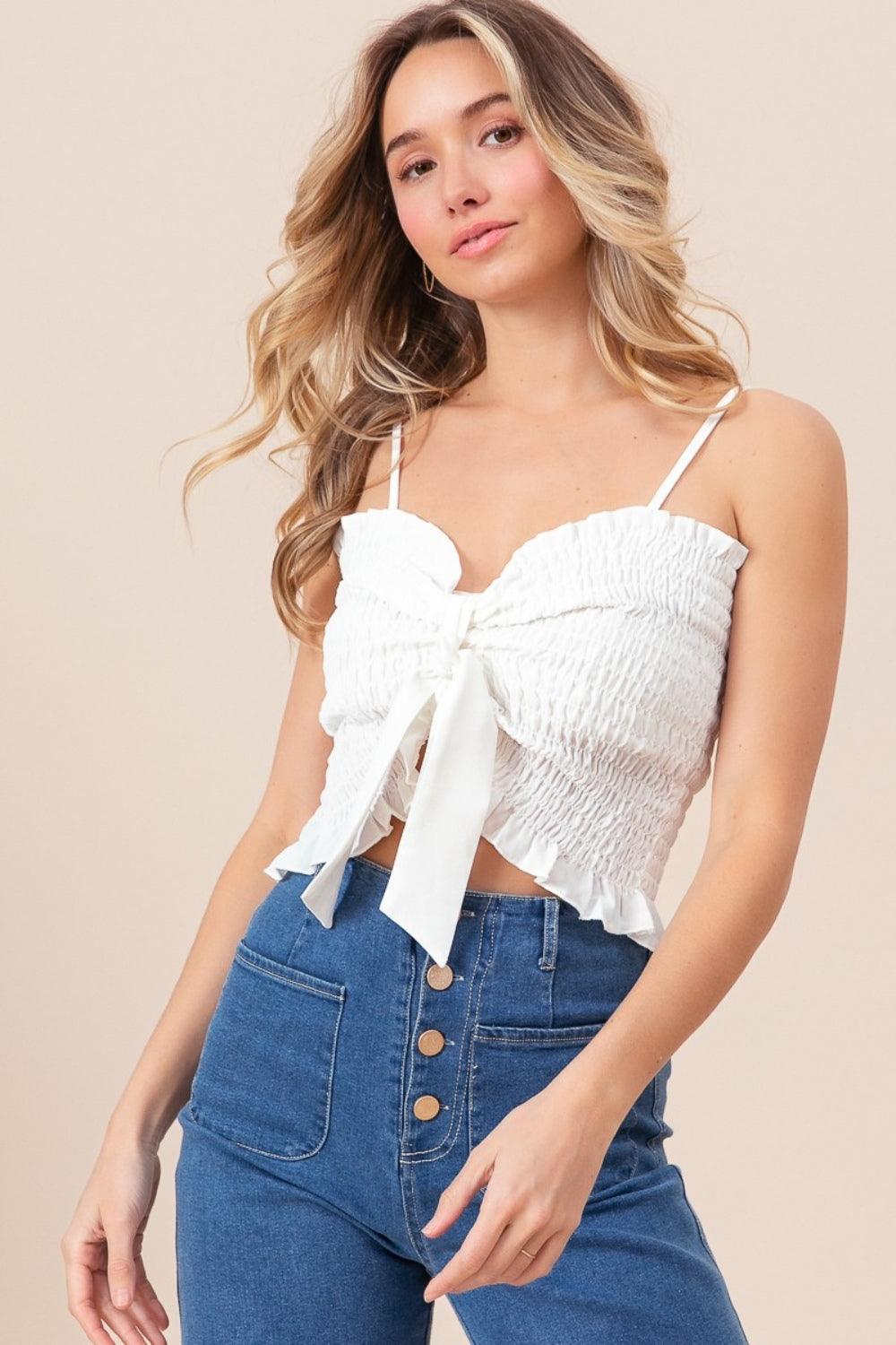 Cami Crop Top BiBi Ruffled Smocked Ribbon Bow Detail d9def4d5-0d77-40a1-a036-9d40f82db140-Max Trendsi
