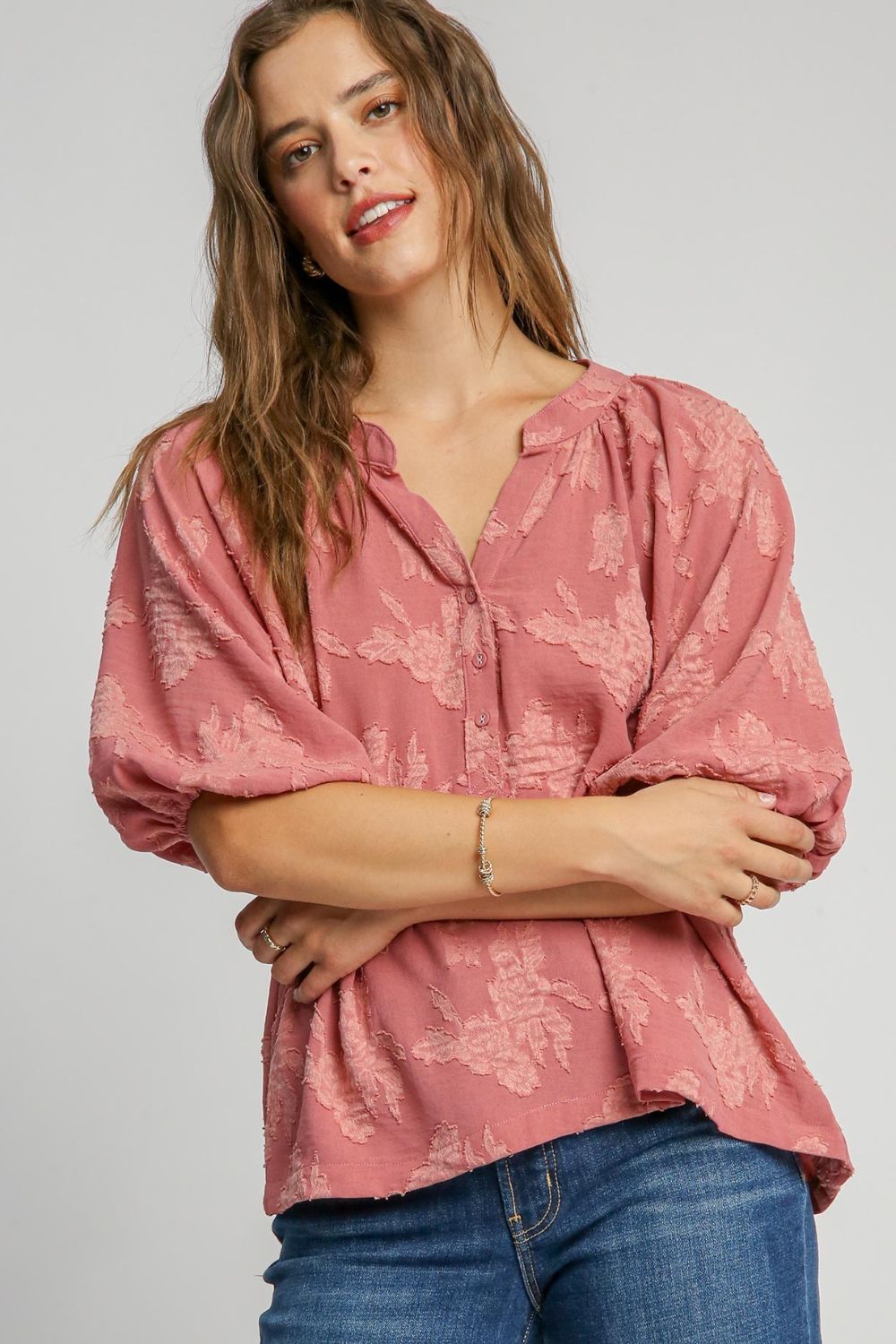 Umgee Blouse Notched Button Detail Half Sleeve Dusty Pink Top d9e2a889-3063-4291-b19f-1e91d9b52da9-Max Trendsi
