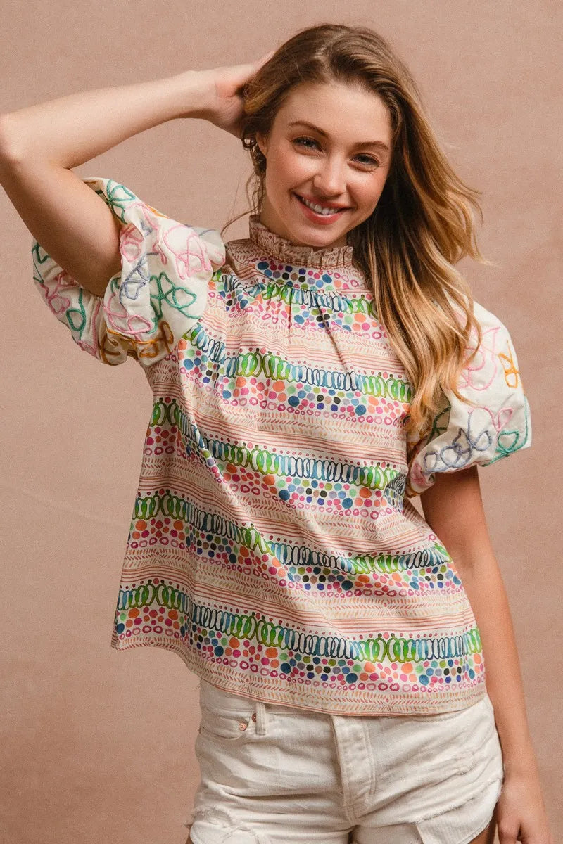 BiBi Blouse Multicolor Ruffle Neckline With Embroidery Bubble Short Sleeve Top d9e948e30bdc490eaec00d2e2287cd1f-Max-Origin Trendsi