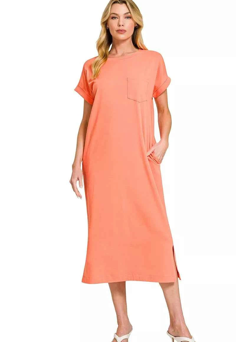 Zenana Midi Dress Coral Round Neck Short Sleeve with Pockets CORAL d9eb3b2733a348e9ae1fb07060f30e1f-Max-Origin Trendsi