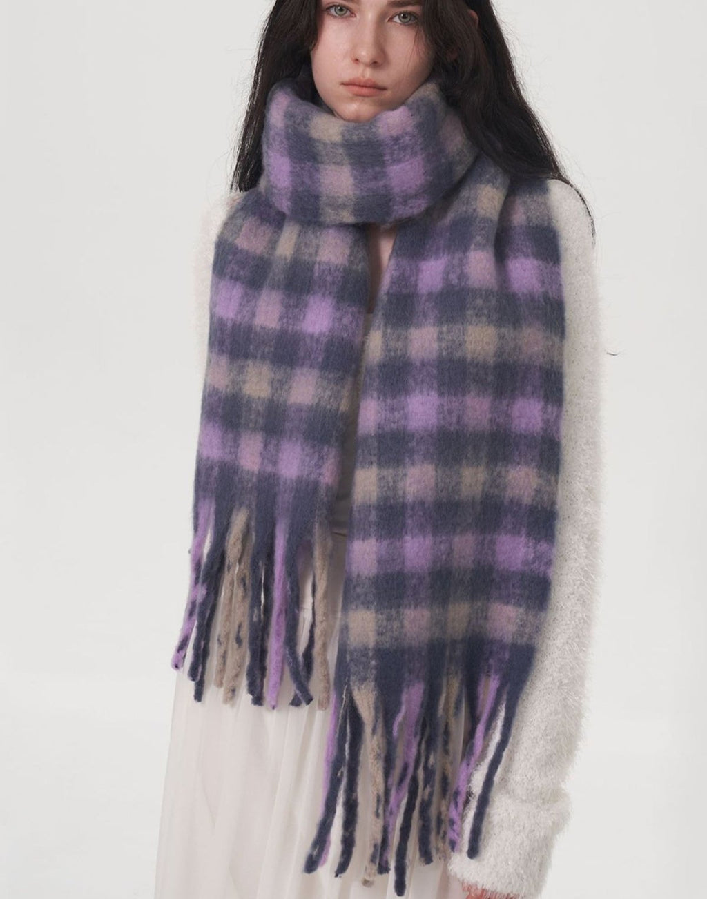 Women Scarf Lilac Plaid Fringe Polyester Tasseled Long Warm Accessories Lilac One Size d9ebb336-34b9-4e3c-84d6-2da345e3cb59-Max Trendsi