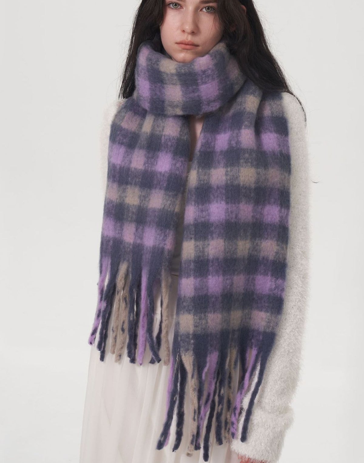 Women Scarf Lilac Plaid Fringe Polyester Tasseled Long Warm Accessories Lilac One Size d9ebb336-34b9-4e3c-84d6-2da345e3cb59-Max Trendsi