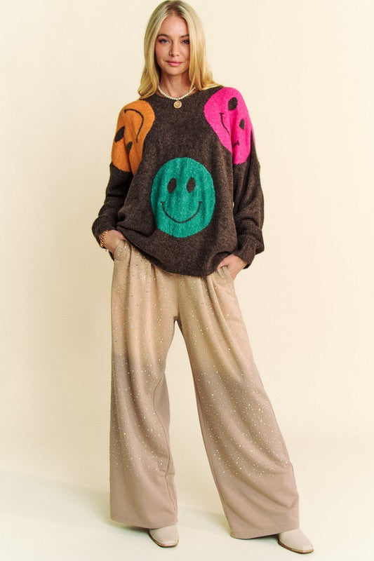 Davi & Dani Dark Brown Sweater Colorful Smile Round Neck Oversize Pullover d9f2df7b-e6cd-4550-ac34-cb3782c23a42-Max Trendsi