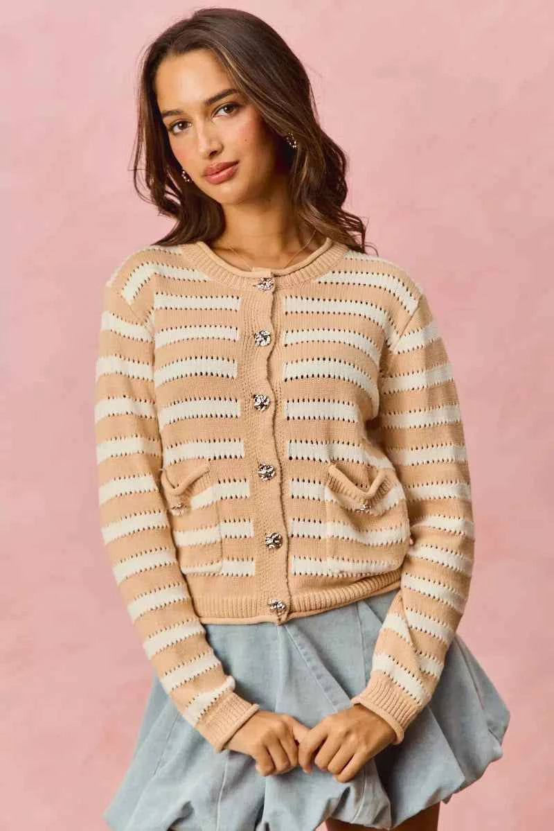 SO ME Women Sweater Cardigan Stripe White Beige Long Sleeves Buttoned WHITE BEIGE d9f8eed9cea74064b0a46a54f92c5ffd-Max-Origin Trendsi