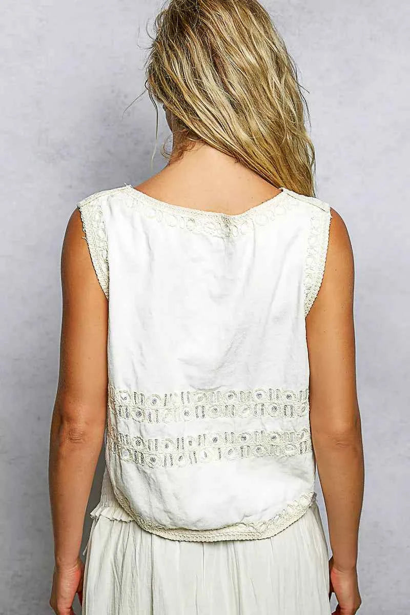 POL Embroidered Floral V-Neck Button Down Crochet Vest