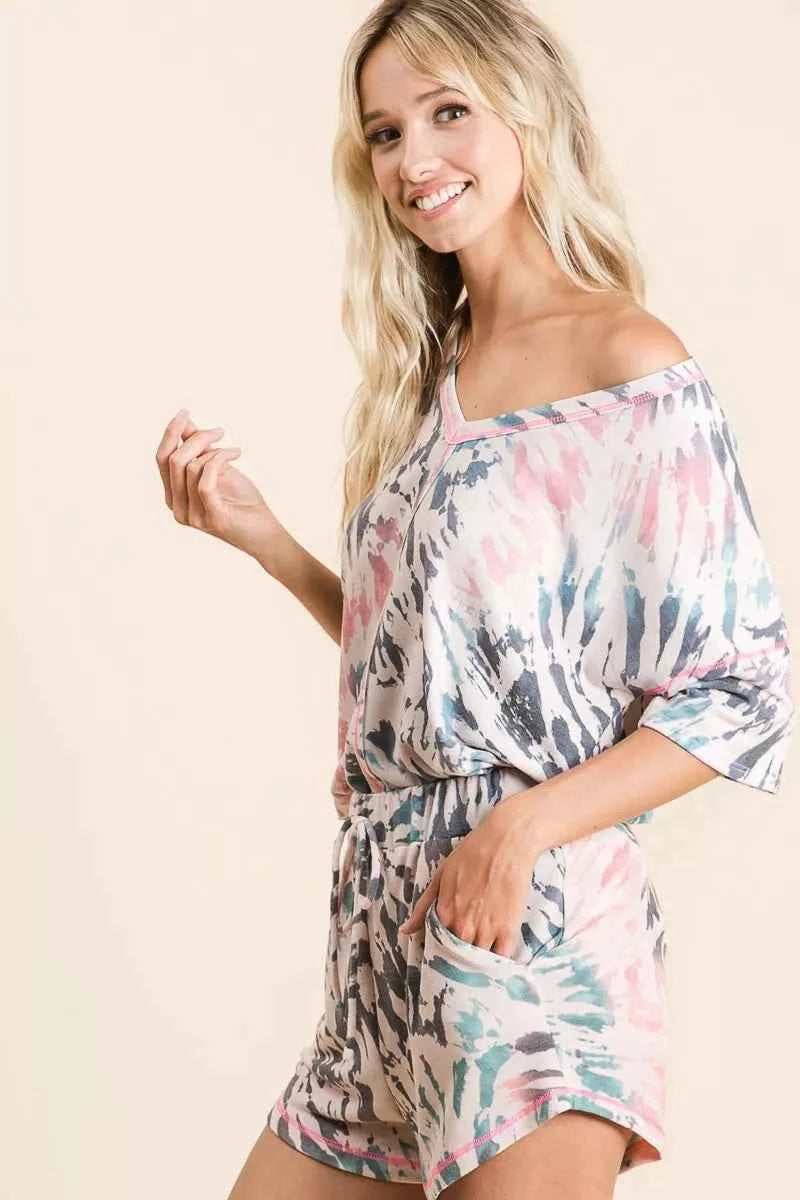 BiBi Tie Dye Print Terry V Neck Top With Contrast Short Sleeve Blouse da09fc1a4b424d7e82d1a2cd347a6c27-Max-Origin Trendsi