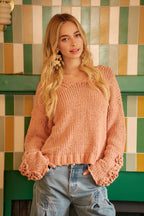 BiBi Womens Sweater Chunky Knit with Flower Detail Sleeves Peach da1b529150b64441b09f57a9a821195f-Max-Origin Trendsi