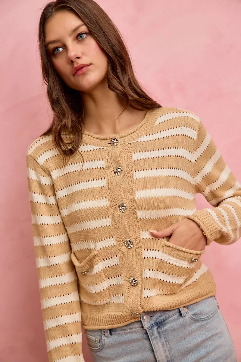 SO ME Women Sweater Cardigan Stripe White Beige Long Sleeves Buttoned da296ea73a1746189ae9f29d88cb5107-Max-Origin Trendsi