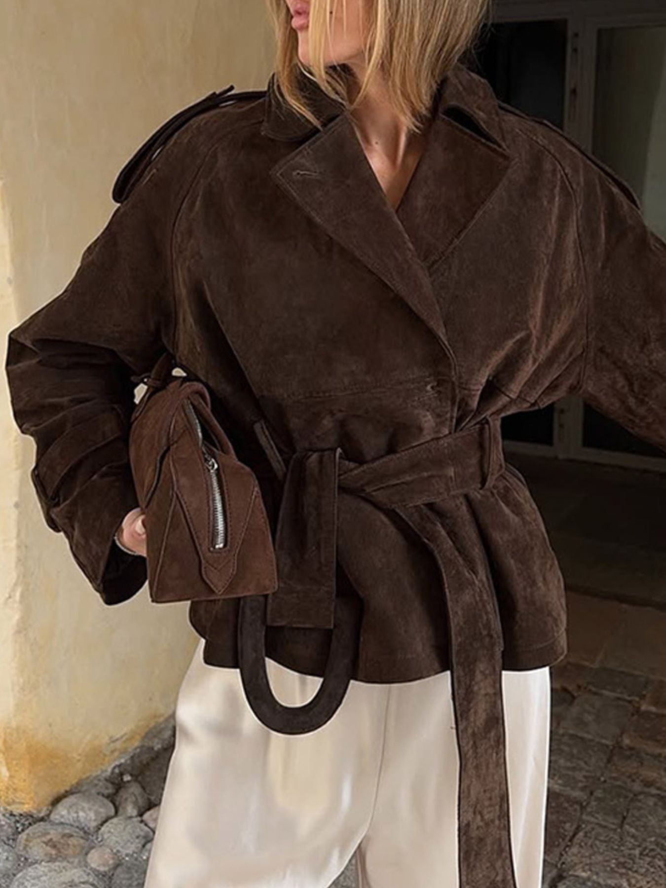 Lapel Collar Belted Outerwear with Tie Waist