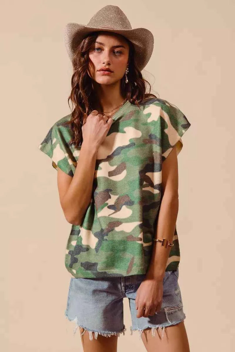 SO ME Camouflage Print T-shirt Dolman Soft Sweater Short Sleeve Top da2eab2b851c43cda6ea3751c880c690-Max-Origin Trendsi