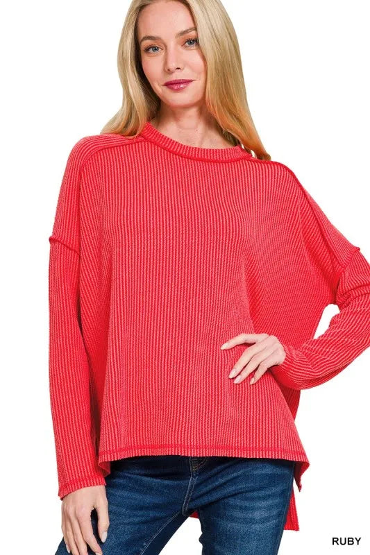 Zenana Corded Rib Knit Top Ruby Red Exposed Seam Long Sleeve Oversized RUBY da313366-b5cb-404e-a09a-3c10bb0623cc-Max-Origin Trendsi