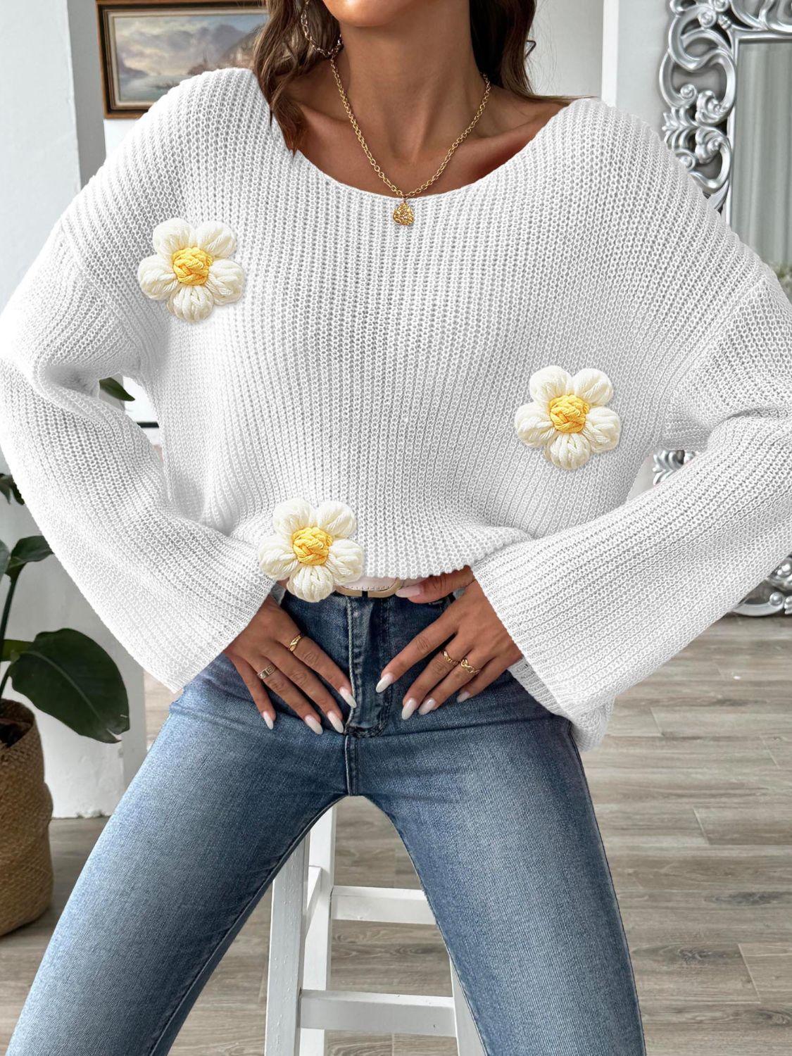 Sweater Flower Knit Applique Round Neck Long Sleeve Knitwear da39a508-63c8-4781-a33b-5421c99c81d9-Max Trendsi