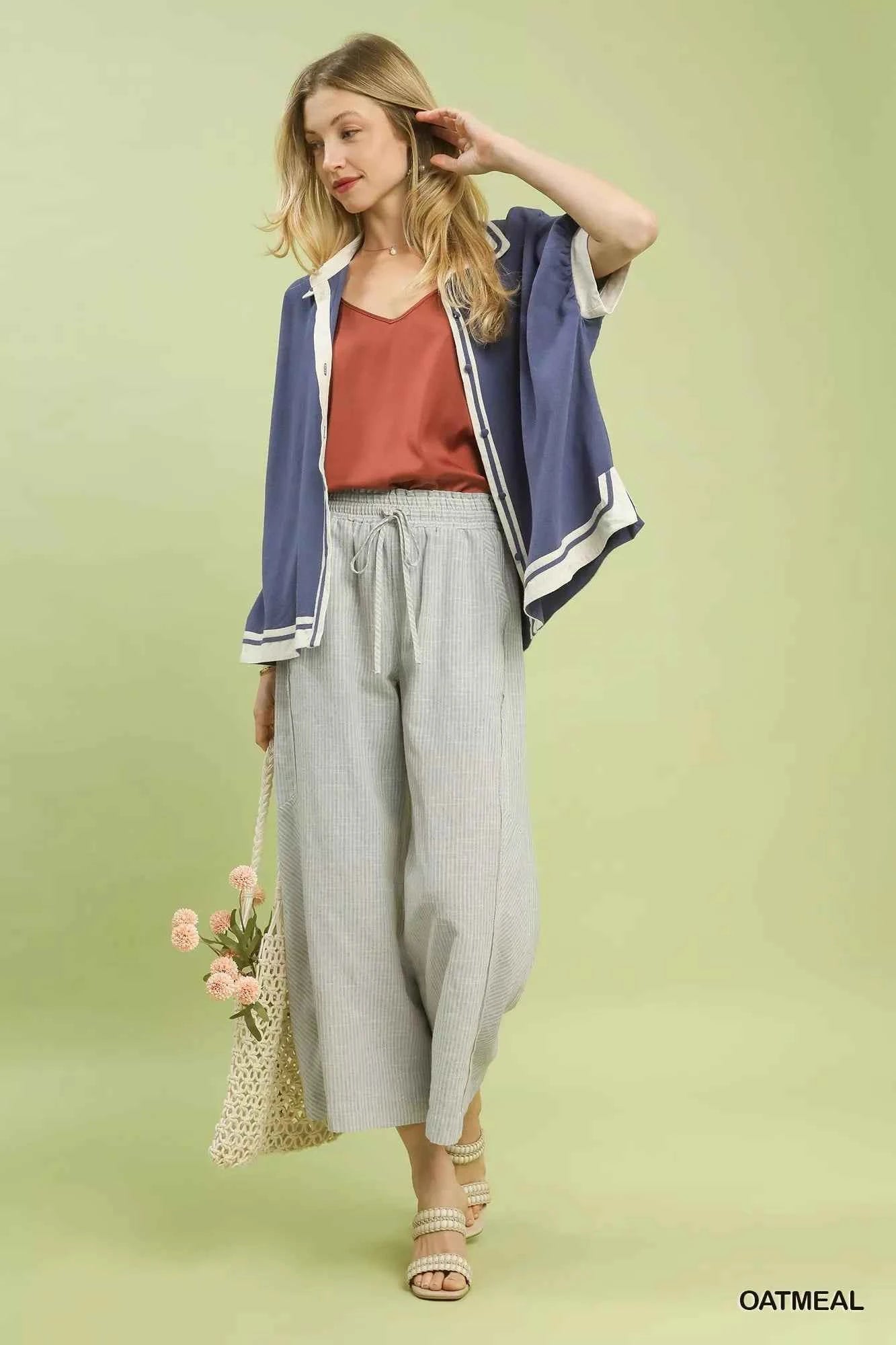 Umgee Wide Leg Pants Linen Blend Striped Oatmeal Drawstring Trousers da3f9c4b-f492-451c-8447-e925c4e39c8c-Max-Origin Trendsi