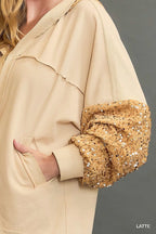 Umgee Sequined Jacket French Terry Latte Color Hooded Oversized Outwear da3fa516-7890-48e1-9b5d-d1663b0b9023-Max-Origin Trendsi