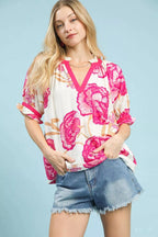 Umgee Womens Blouse Floral Cream Pink V-Neck Puff Short Sleeve Top CREAM da415c3d-78db-4a75-8d8c-5408f93381f0-Max-Origin Trendsi