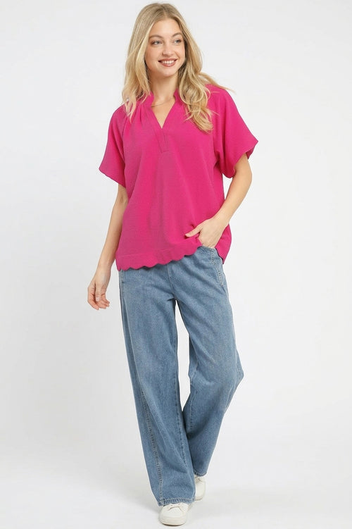 Umgee Scalloped Hem Textured Blouse