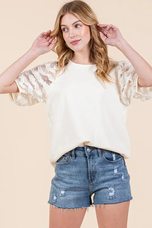 Lime 'N' Chili Top Lace Puff Sleeve Round Neck Cream Blouse da57025a-f4e4-4398-b328-5cfe6d5e90bb-Max-Origin Trendsi