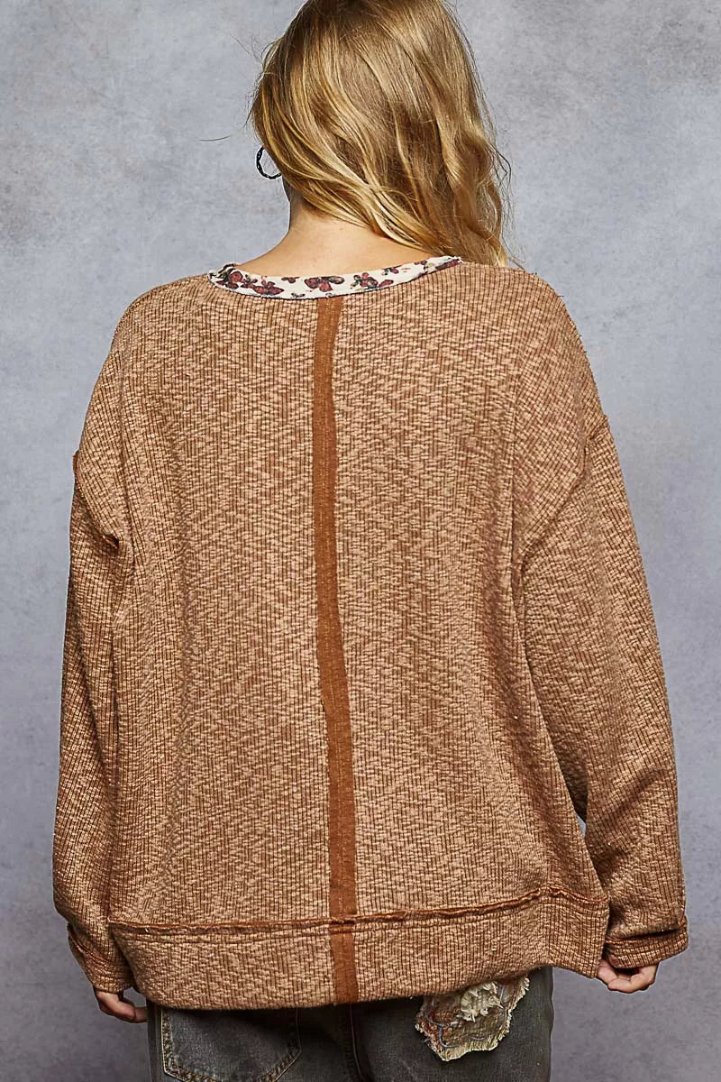 POL Oversized Ribbed Top Chocolate Balloon Sleeve with Floral Pattern Contrast da61e48c-9041-4a08-9e47-6f40aaea2286-Max-Origin Trendsi