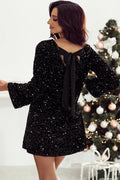 Sequin Mini Dress Bow Back Black Sparkle Round Neck Long Sleeve Black da6c607c-a941-4f43-9a16-e1188adbad0b-Max Trendsi