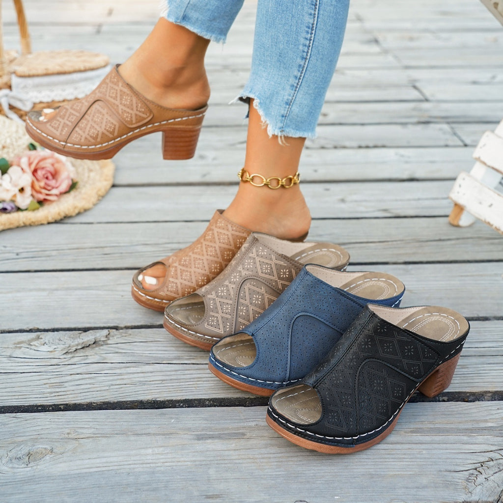 Peep Toe Block Heel Sandals with Mid Heel Height in PU Leather and Rubber