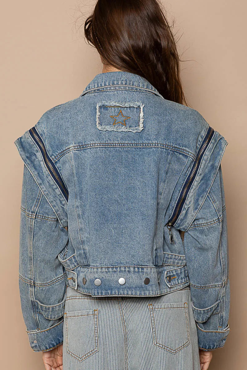 POL Cropped Denim Jacket with Functional Zipper Detail Long Sleeves da703c94-2744-4b12-9af6-c77f5ca852a9-Max-Origin Trendsi