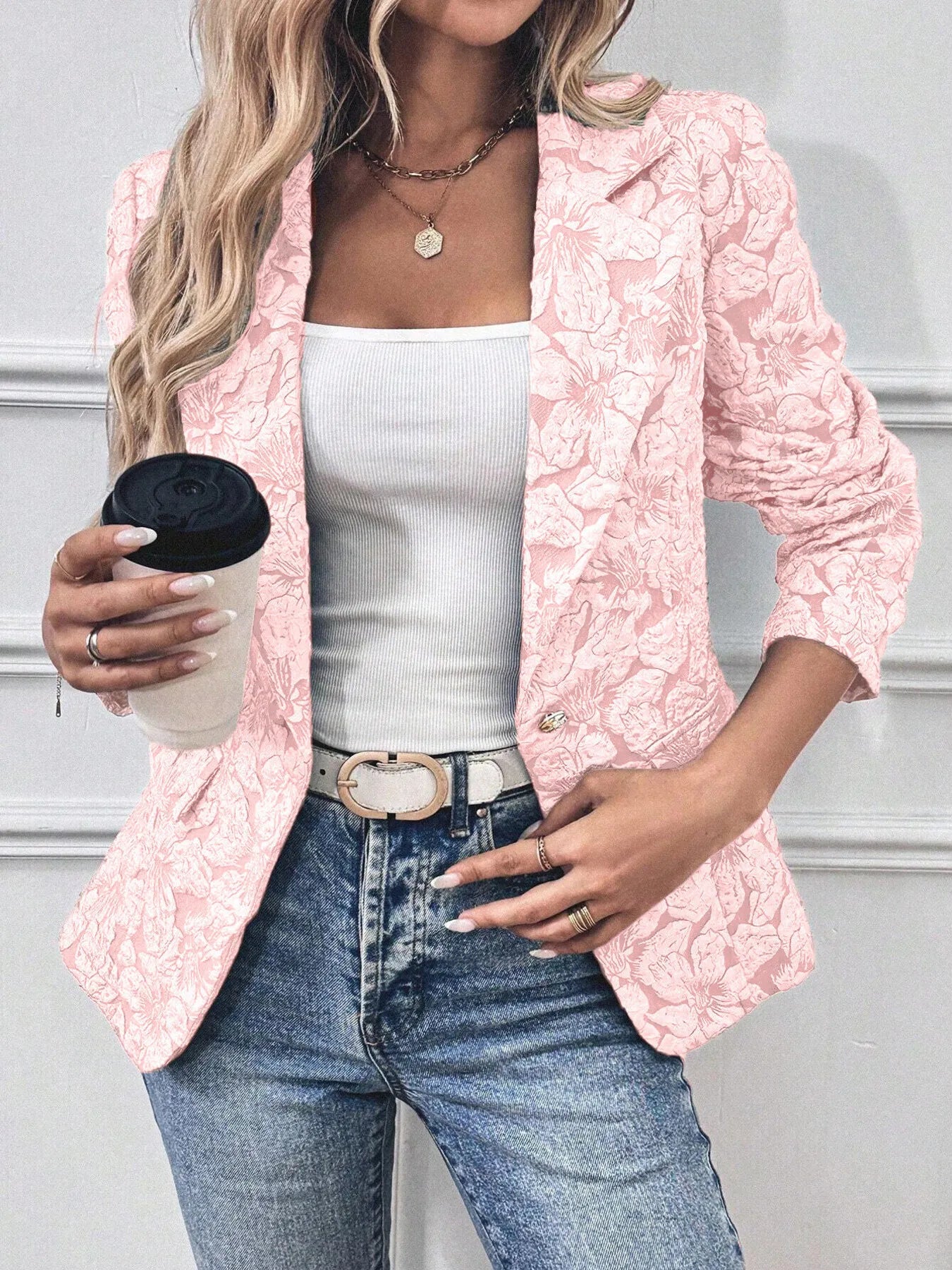 Women's Blazer Pink Floral Print Single Button with Pockets Pink da733a2a14954604a499109ee1ae4cb0-Max-Origin Trendsi
