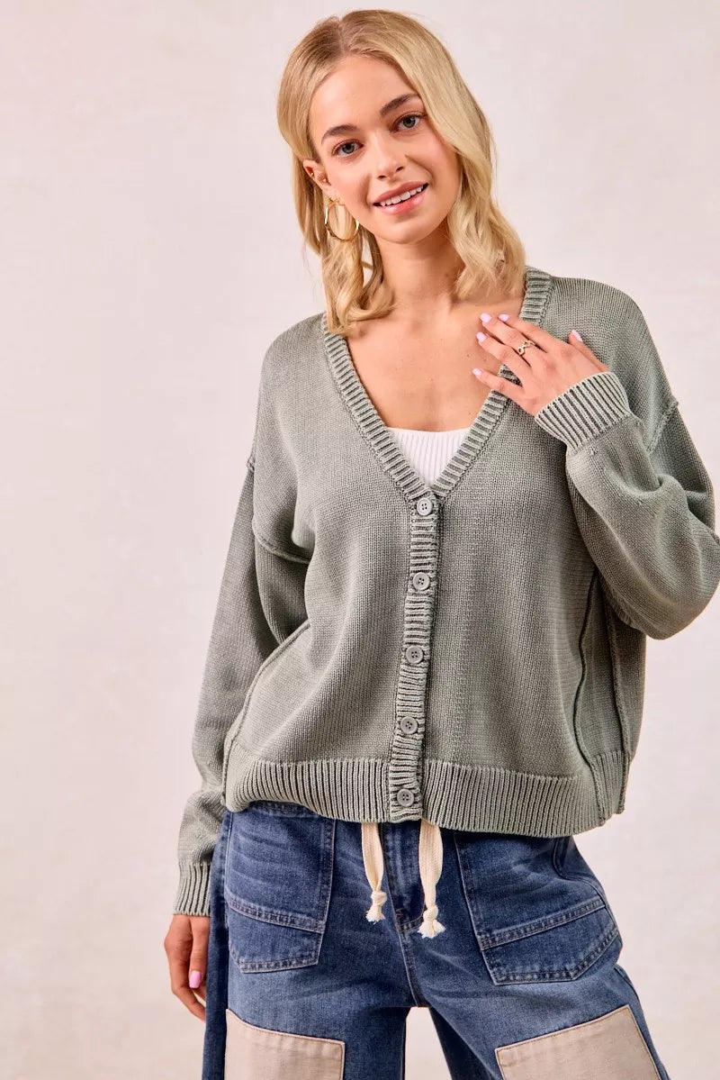 BiBi Womens Cardigan Cotton Washed Sweater Olive V Neck Basic Style da7aa0dc56514e5da940ae737dccfe79-Max-Origin Trendsi