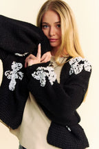 Davi & Dani Floral Applique Cardigan Black Women Open Front Long Sleeve da845464-9406-4e08-9ac8-f53eb5587f26-Max Trendsi