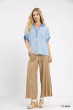 Umgee Womens Oversized Top Stripe Light Blue Collared Short Sleeve Blouse da8c1d81-53bf-4271-992f-e62d9a99a5f0-Max-Origin Trendsi