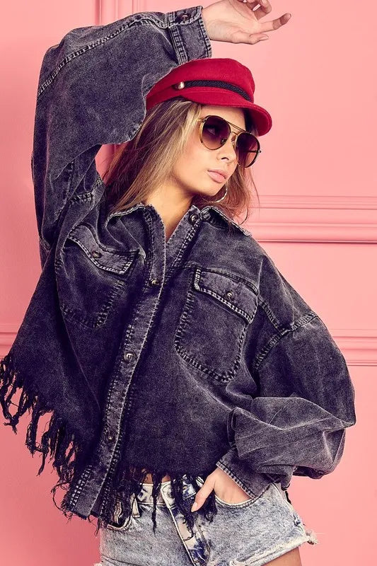 BiBi Shacket Washed Corduroy Fringe Hem Collared Oversized Long Sleeve