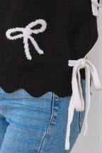 Women's Sweater Black Bow Side Ties Scalloped Hem Cap Sleeve da8ebd88-ef67-43f0-995a-8143efbabe35-Max-Origin Trendsi