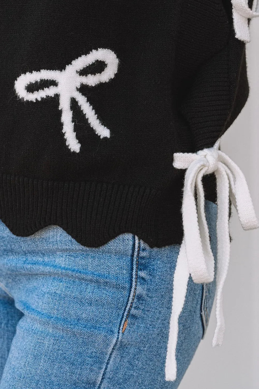 Women's Sweater Black Bow Side Ties Scalloped Hem Cap Sleeve da8ebd88-ef67-43f0-995a-8143efbabe35-Max-Origin Trendsi