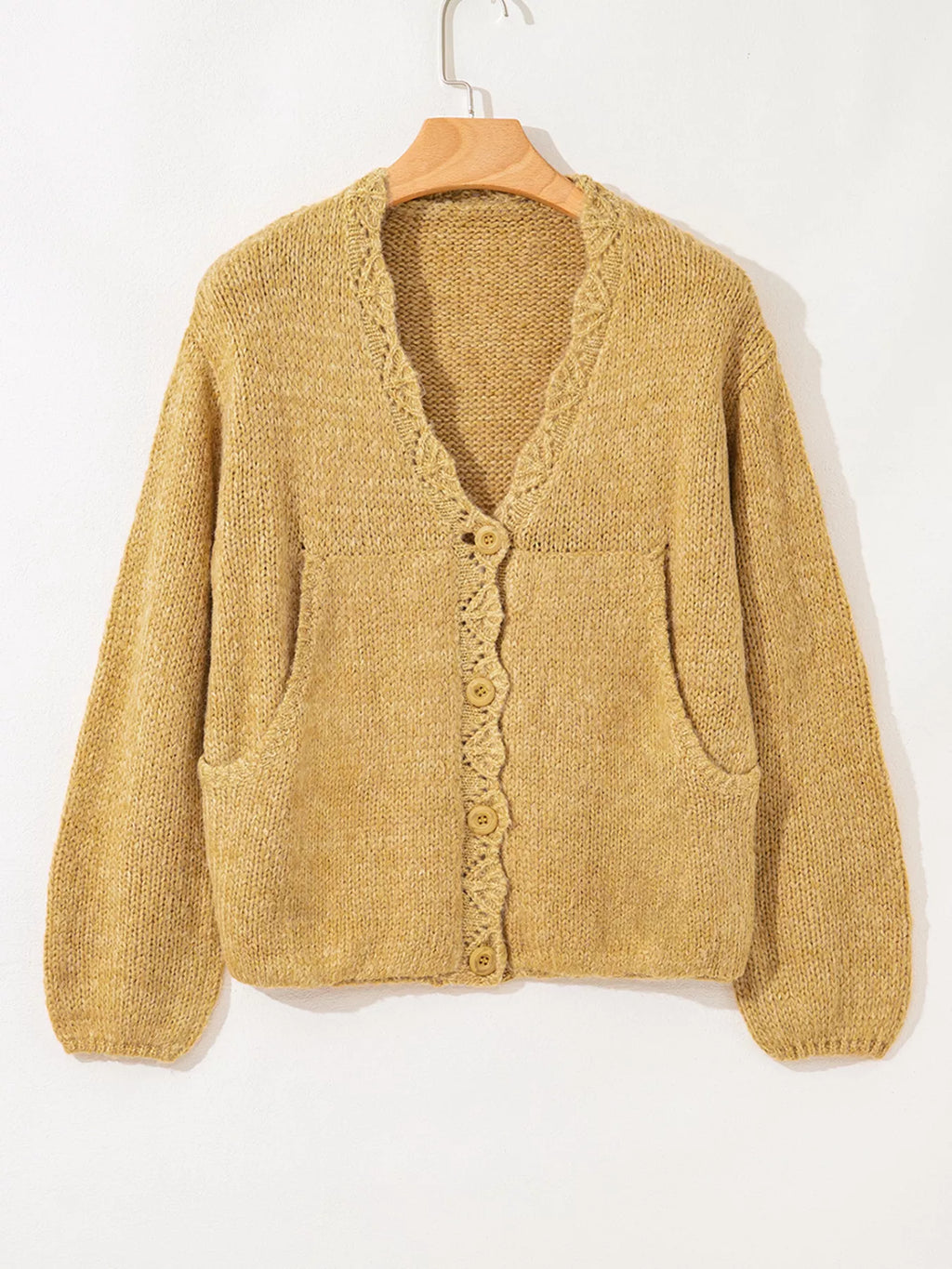 Women's Cardigan Camel Lantern Sleeve Scallop V Neck Buttoned Soft Acrylic Knit da940862b9ed4fd19d3367e26a16a479-Max-Origin Trendsi