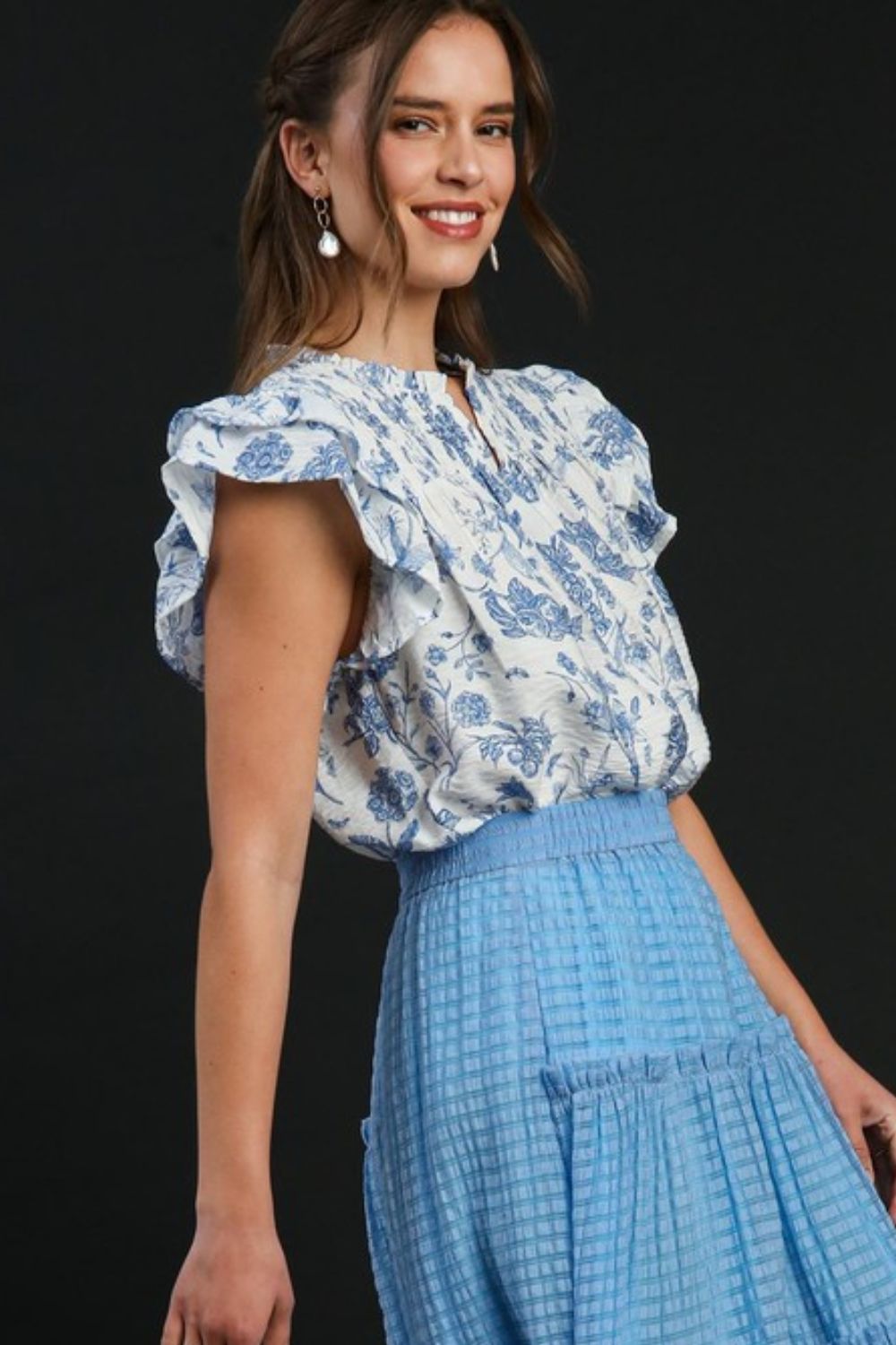 Umgee Top Floral Sky Blue Two Tone Print Boxy Cut Blouse Short Sleeve daa7f75c-4e0a-401d-b967-10d722437b5c-Max Trendsi