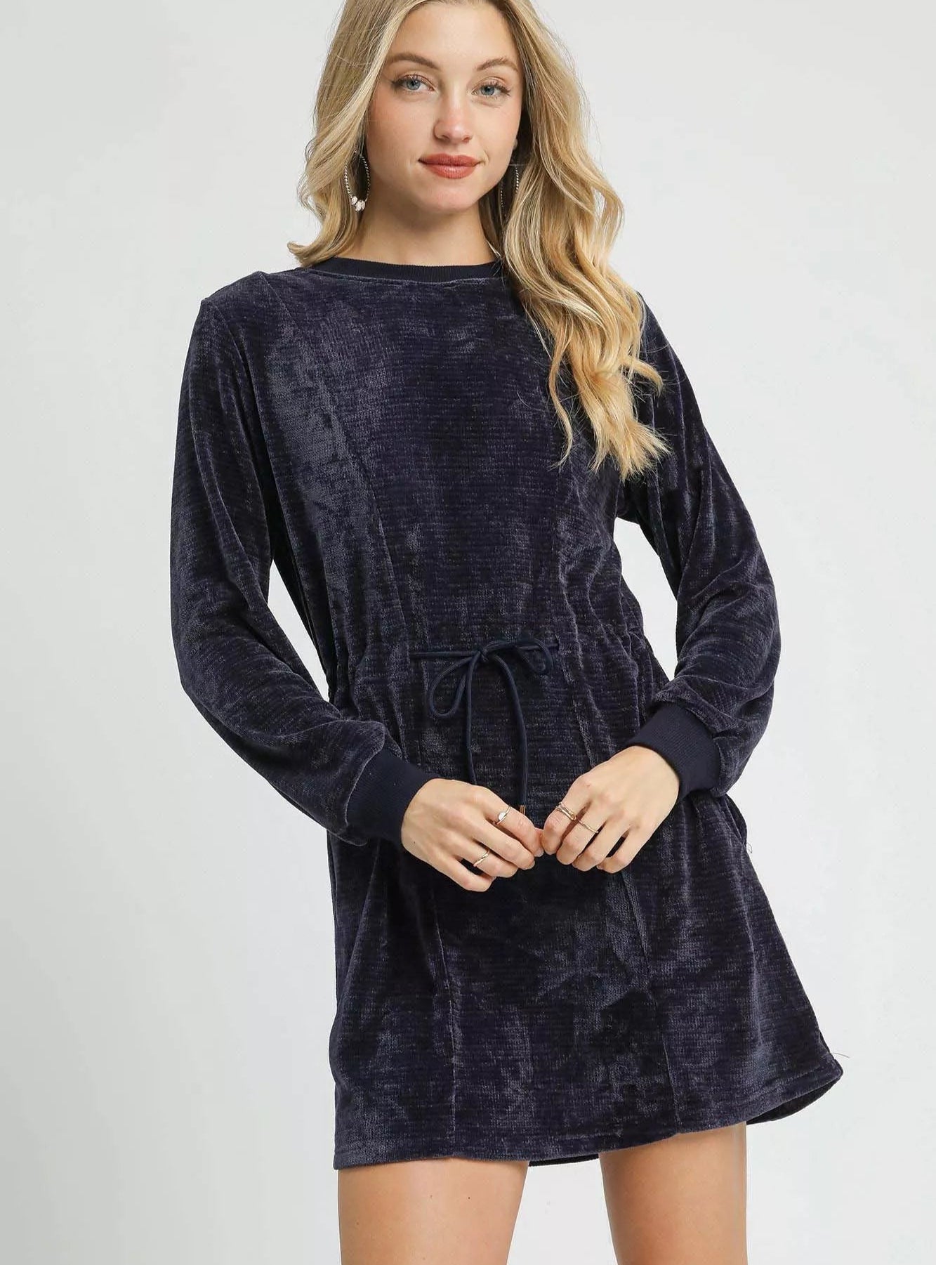 Umgee Mini Dress Velour Midnight Drawstring with Long Sleeves MIDNIGHT dab09408-4aa3-4a24-b8f3-238f45c7dc66-Max-Origin Trendsi