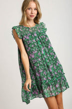 Umgee Ruffle Dress Smocked Dark Green Floral Metallic Print Short Sleeve S-2XL Dark Green dab3e552-0f3c-43ec-ba3a-0d1b0ebd6402-Max Trendsi