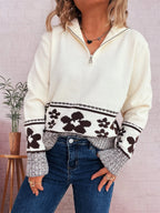 Women's Sweater Flower Hem Zip Collar Long Sleeve Stylish Pullover dac2dcabf27846aa9ac810551cd1532b-Max-Origin Trendsi