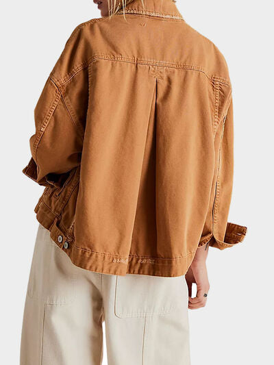 Denim Jacket Women's Caramel Long Sleeve Oversized Pocketed Outwear